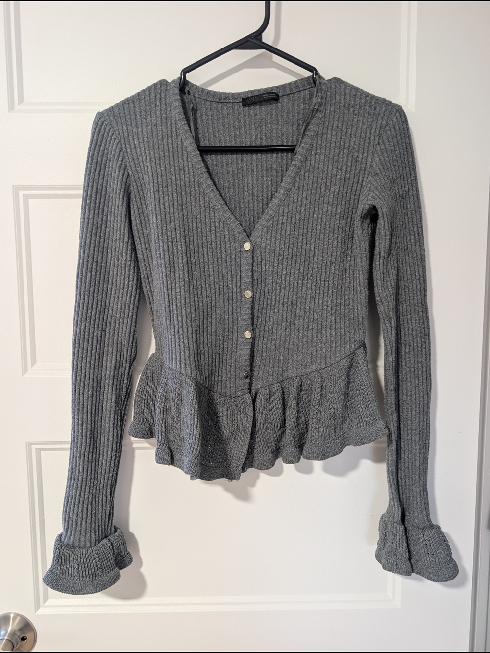 Zara Gray Ribbed V-Neck Peplum Cardigan